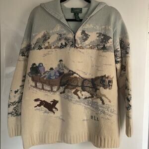 VTG Ralph Lauren Lambswool snow scene sled dog hood Sweater cream XS